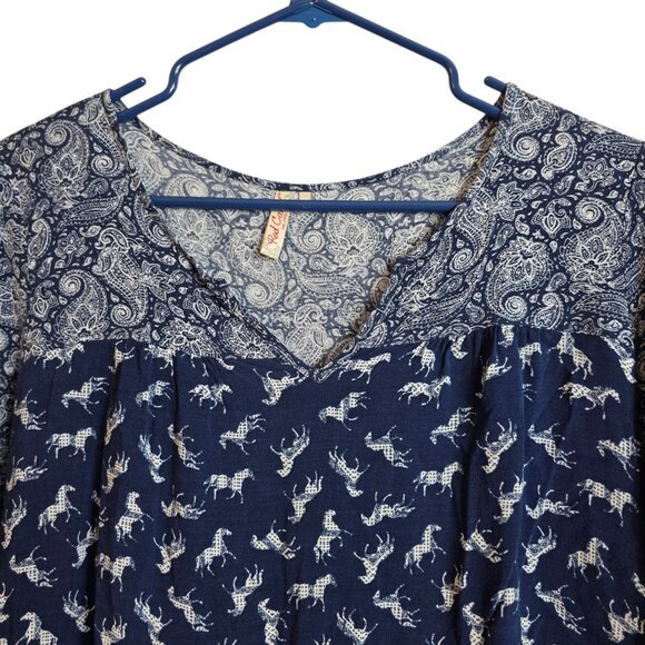 Red Camel Dress Womens XS Blue Paisley Horse Print Rayon Boho Tunic Long Sleeve - Picture 2 of 12